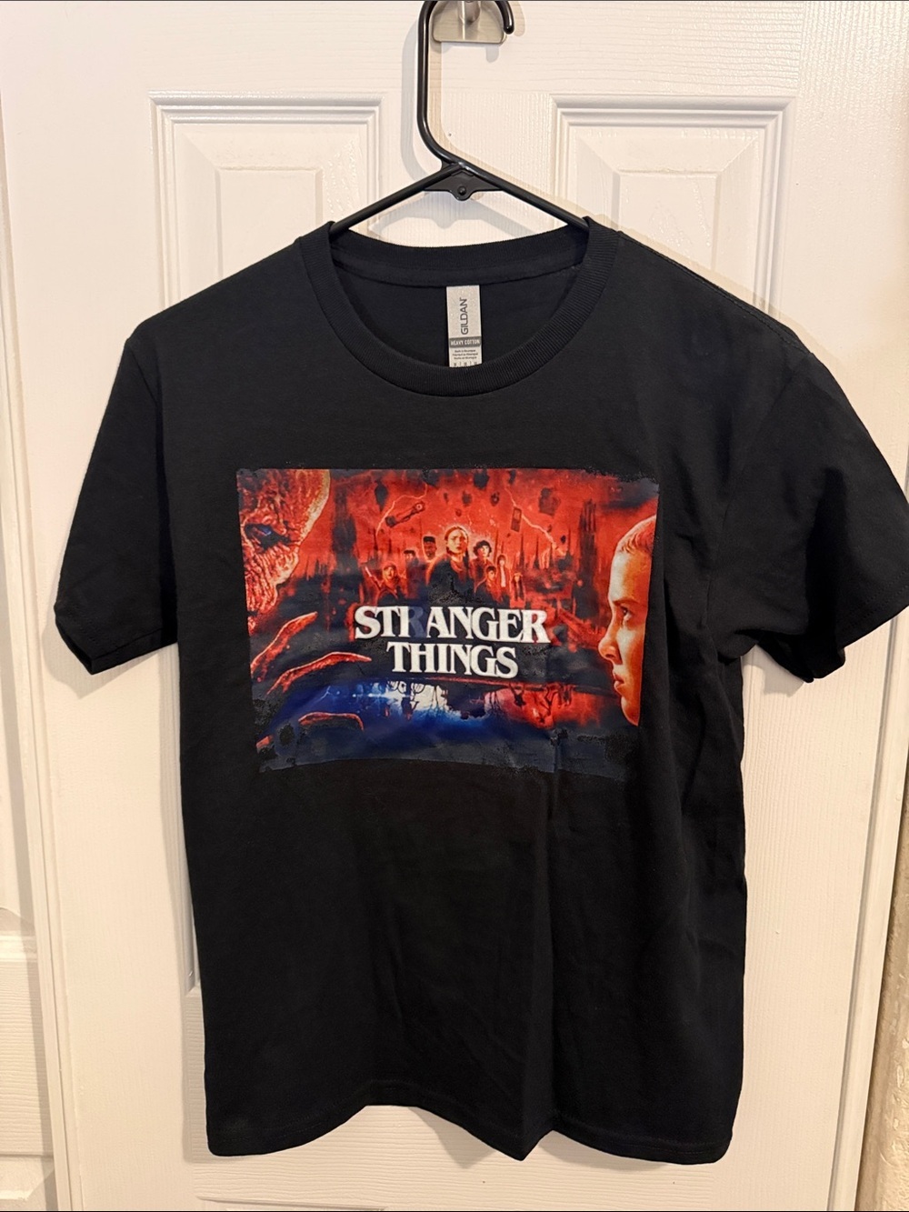 Gildan Black Stranger Things Graphic Tee with Red & Blue Artwork - Picture 1 of 1